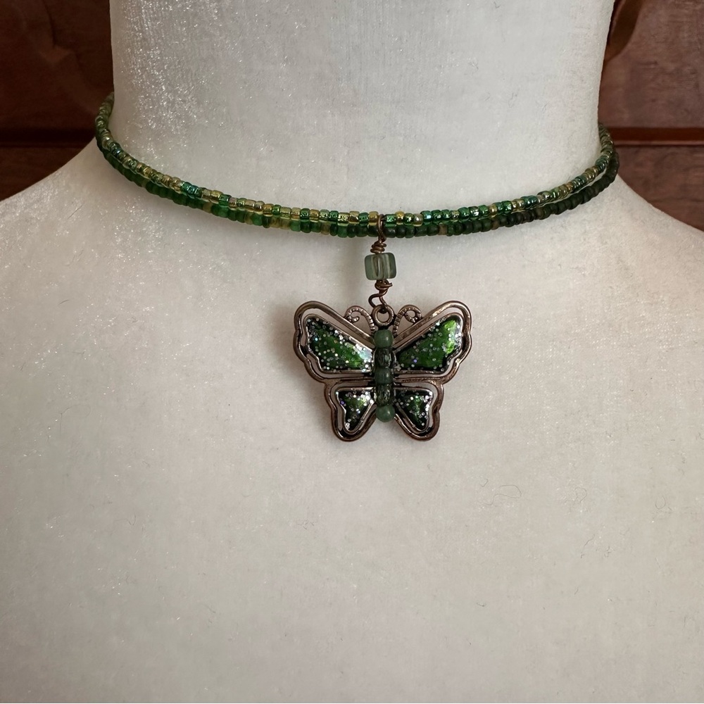 Green Butterfly Pendant On Beaded Choker  Necklace